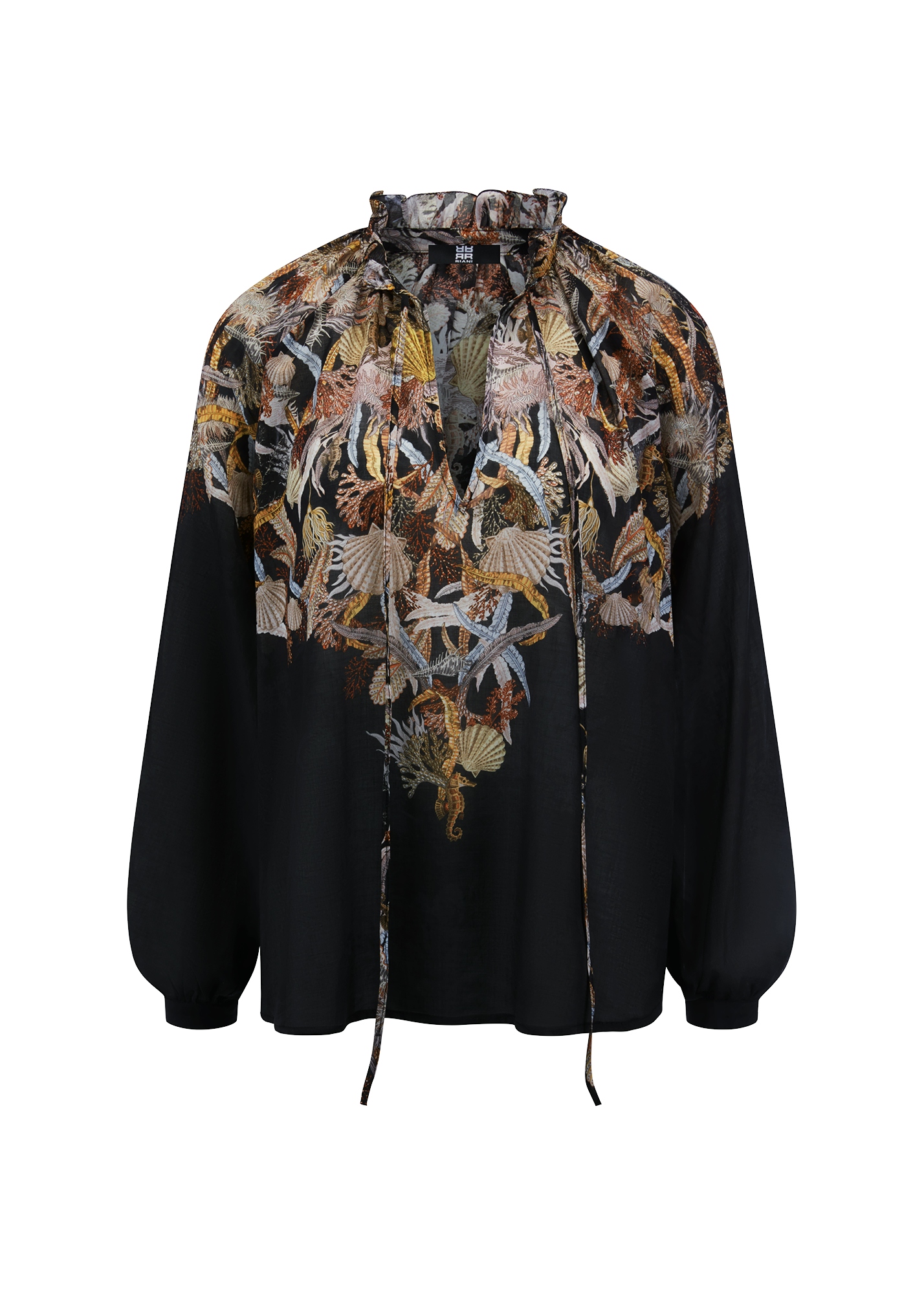 БЛУЗКА RIANI черная с декоративным принтом и рюшей у горловины