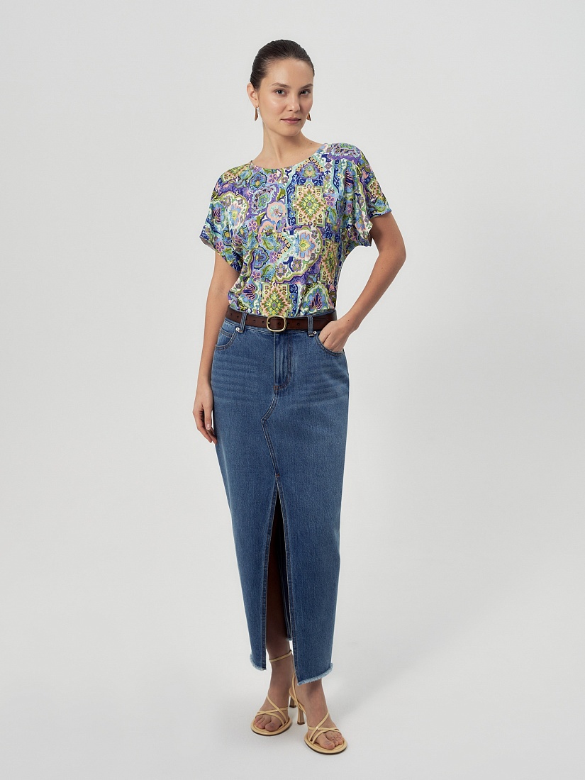 БЛУЗКА POMPA свободная трикотажная с ярким этническим принтом
