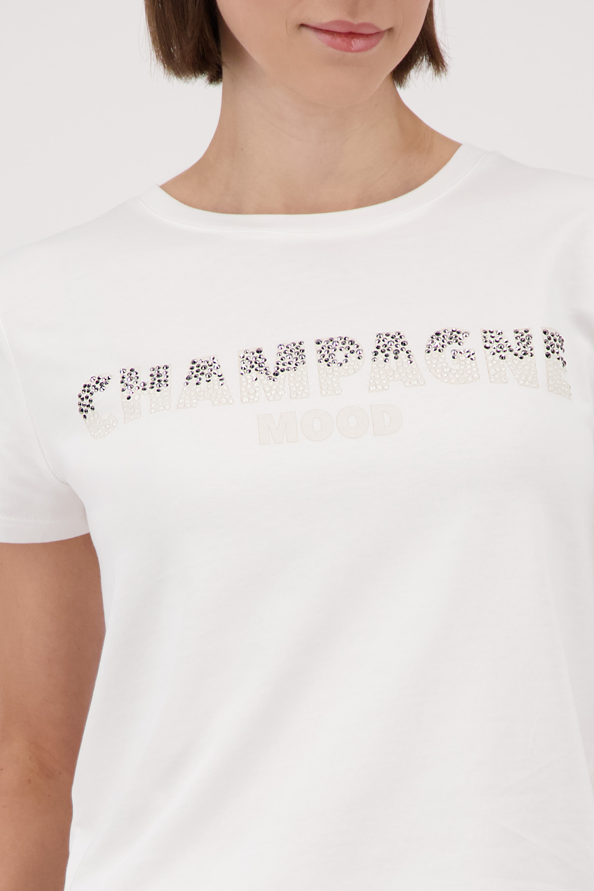 ФУТБОЛКА MONARI белая с надписью Champagne Mood и объёмной мерцающей отделкой